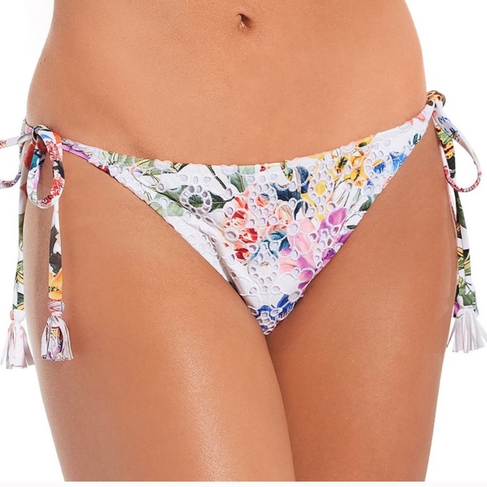 NWT JOHNNY WAS
Eyelet Jungle Floral Side Tie Hipster Swim Bottom